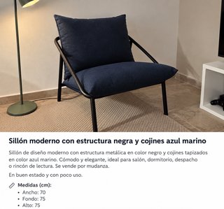 Sillón Moderno Estructura Negra y Cojines Azules