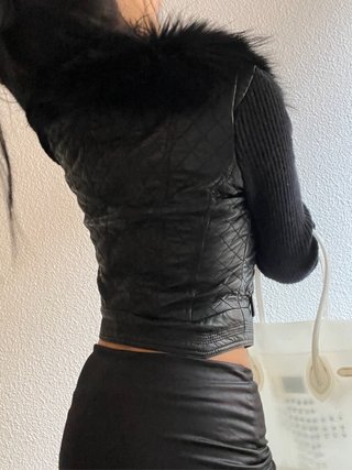 Chaqueta de Cuero Vintage con Cuello de Pelo