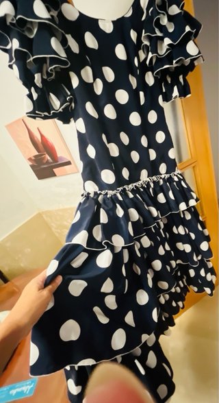Traje de flamenca azul marino lunares blancos