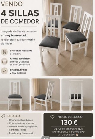 4 Sillas Comedor Madera Tapizado Gris