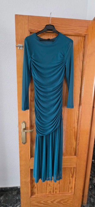Vestido Midi Fruncido Color Verde Azulado