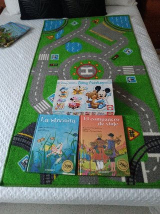 Alfombra, libros y puzzle