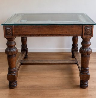 Mesa antigua de madera y cristal, neorrenacentista