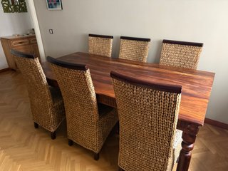 Mesa Comedor Madera Maciza 2m + 6 Sillas Mimbre