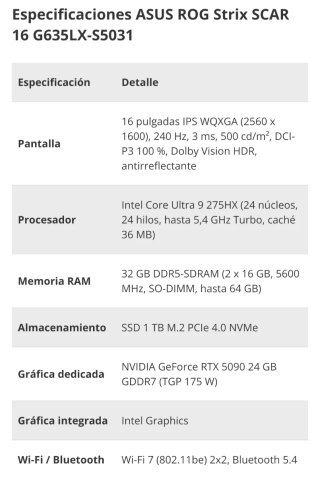 Portátil ASUS ROG Strix SCAR 16 RTX 5090 + W11