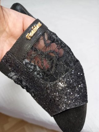 Sandalias de tacón con encaje y brillantina
