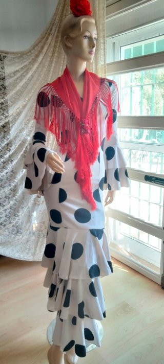 Traje de Flamenca Blanco y Negro Talla XS