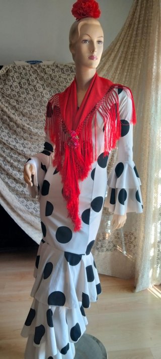 Traje de Flamenca Blanco y Negro Talla XS