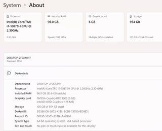Dell Precision 7550 i7 96GB RAM 1TB SSD RTX 3000