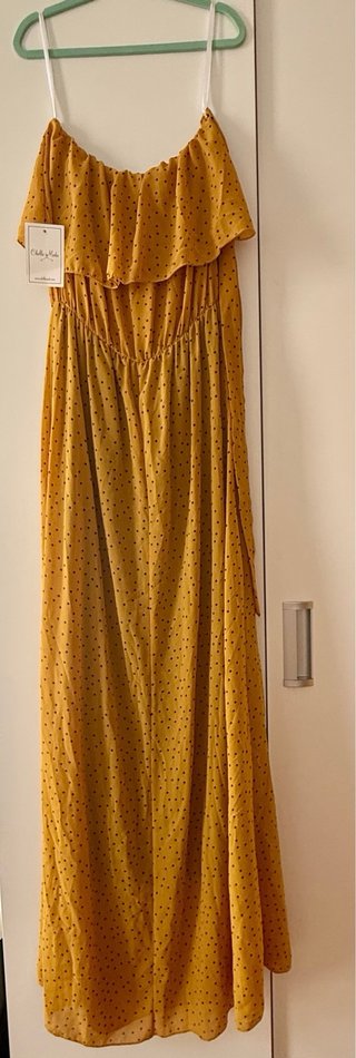 Vestido largo mostaza con lunares