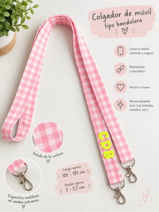 Colgador de móvil tipo bandolera vichy rosa