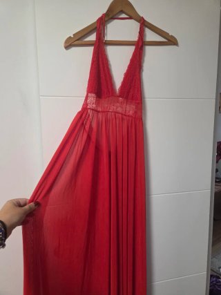 Pijama Largo Rojo con Encaje