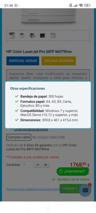 Impresora HP Color LaserJet Pro MFP M479fnw
