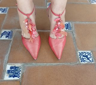 Conjunto coral: zapatos, bolso y tocado