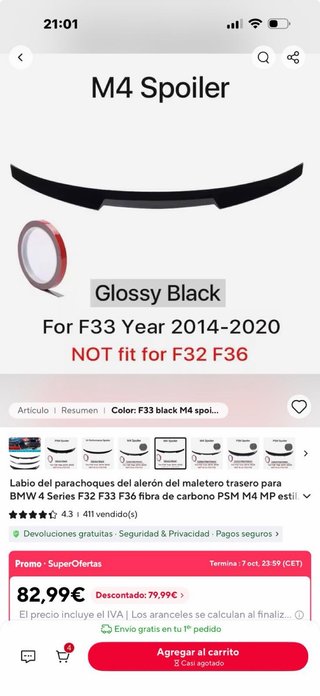 Alerón Trasero Estilo M4 para BMW F33
