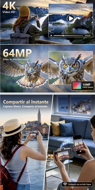 Camara Digital 4K 64MP WiFi Pantalla Abatible 180°