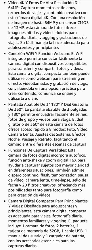 Camara Digital 4K 64MP WiFi Pantalla Abatible 180°