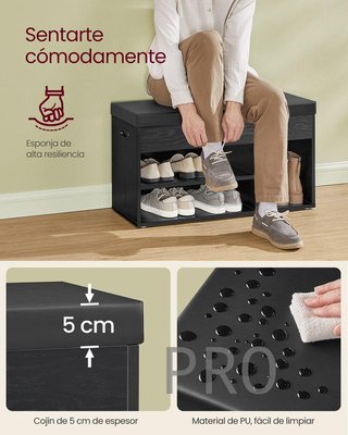 Banco zapatero con cojín negro - Vasagle