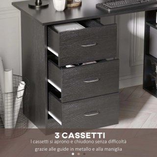 Scrivania PC Nera con 3 Ripiani e 3 Cassetti MDF