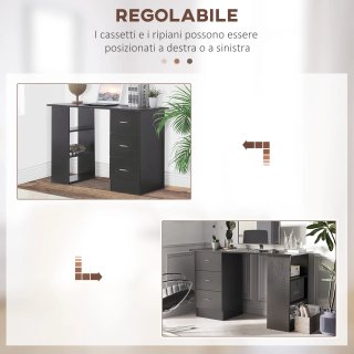 Scrivania PC Nera con 3 Ripiani e 3 Cassetti MDF