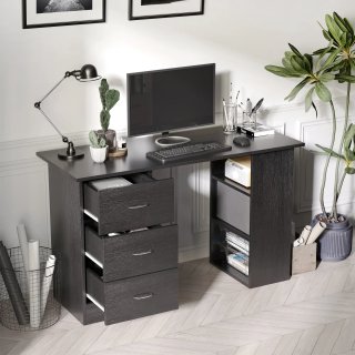 Scrivania PC Nera con 3 Ripiani e 3 Cassetti MDF