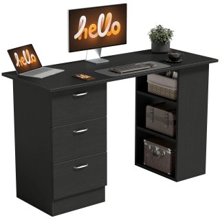 Scrivania PC Nera con 3 Ripiani e 3 Cassetti MDF