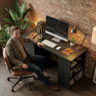 Scrivania PC Nera con 3 Ripiani e 3 Cassetti MDF