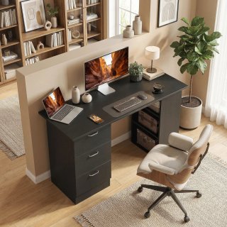 Scrivania PC Nera con 3 Ripiani e 3 Cassetti MDF