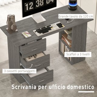 Scrivania Grigia in Legno con 3 Cassetti 3 Ripiani