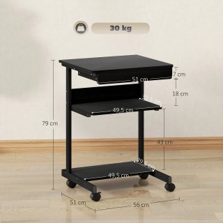 Scrivania PC con Cassetto 2 Ripiani 4 Rotelle Nera