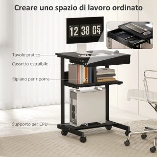 Scrivania PC con Cassetto 2 Ripiani 4 Rotelle Nera