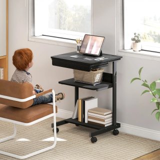 Scrivania PC con Cassetto 2 Ripiani 4 Rotelle Nera