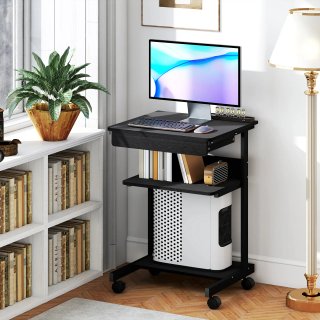Scrivania PC con Cassetto 2 Ripiani 4 Rotelle Nera