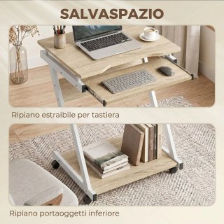 Scrivania Rovere con 4 Ruote e Tastiera Scorrevole