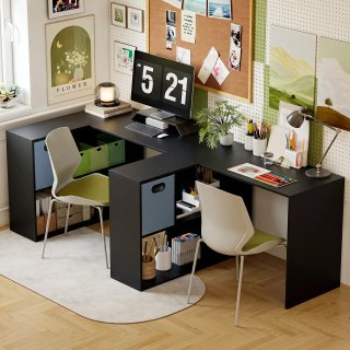 Scrivania Angolare con Cassetto in Tessuto Nero