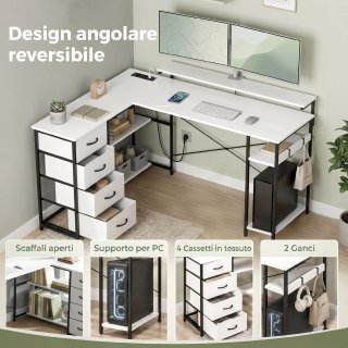 Scrivania Angolare con Prese e 4 Cassetti Tessuto