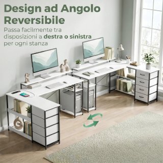 Scrivania Angolare con Prese e 4 Cassetti Tessuto