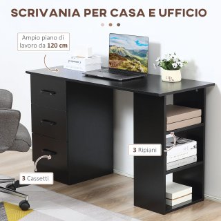 Scrivania Legno 3 Cassetti Camera 120x49x72cm Nero