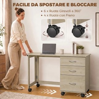 Scrivania Pieghevole 3 Cassetti 4 Ruote Rovere