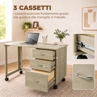 Scrivania Pieghevole 3 Cassetti 4 Ruote Rovere