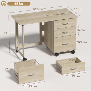 Scrivania Pieghevole 3 Cassetti 4 Ruote Rovere