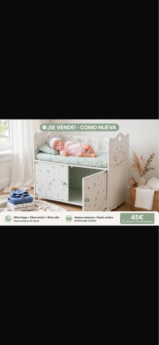 Cuna de muñecas de madera con almacenaje