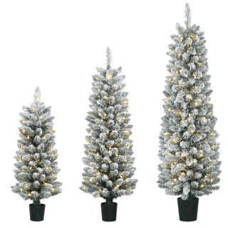 3er-Set schneebeflockte LED-Weihnachtsbäume, schma