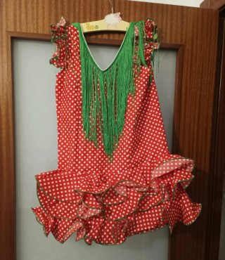 Traje Flamenca Niña Rojo Lunares Verdes
