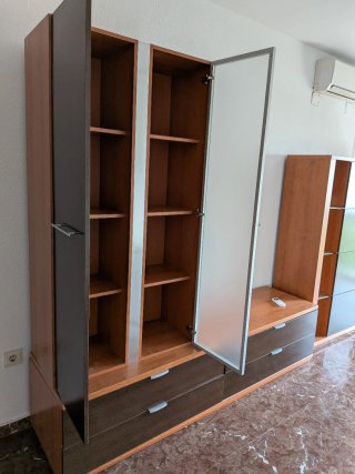 Mueble salón TV madera y cristal