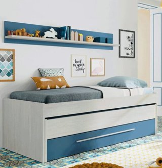 Cama nido doble con cajón azul.