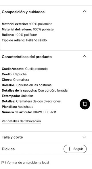 ABRIGO ACOLCHADO LARGO HOMBRES DICKIES, TALLA XL
