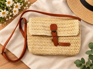 Borsa tracolla paglia intrecciata beige e marrone