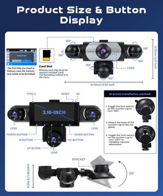 nueva Dashcam Coche 5 Canales 1080P