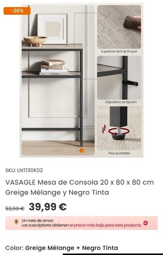 VASAGLE Mesa de Consola 20x80x80 cm Greige Mélange